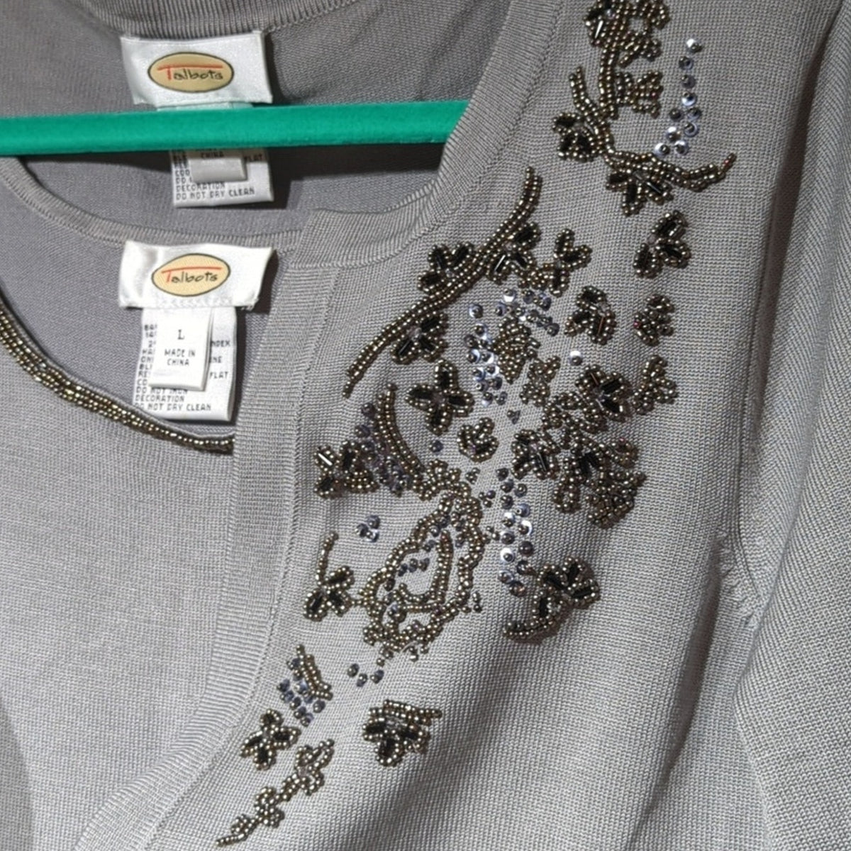 Talbots Gray Silk Blend Beaded Sweater Set Wide Rib Hem 3/4 Sleeves Women's Sz L