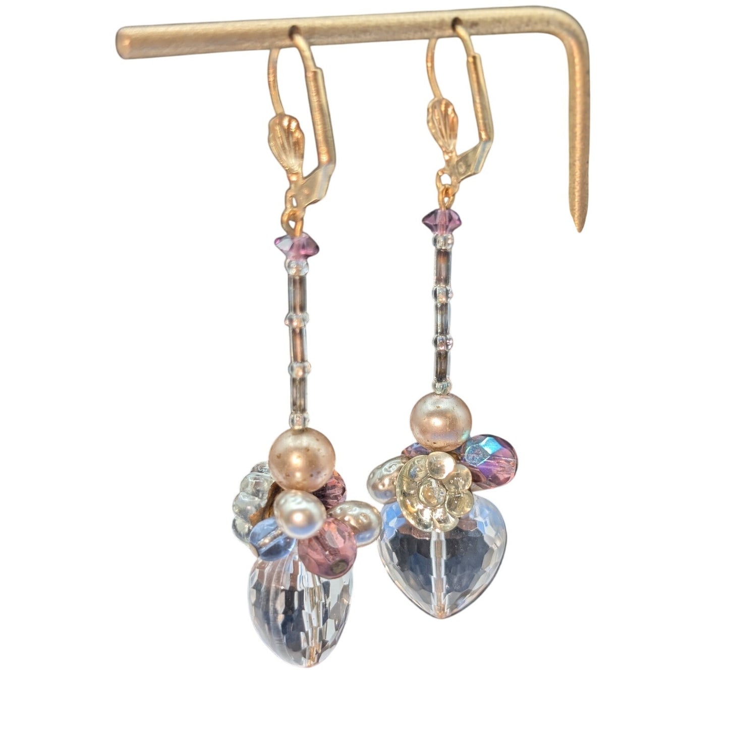 Crystal Faceted Heart Pearl Crystal Flower Beaded Gold Tone Lever Back Earrings