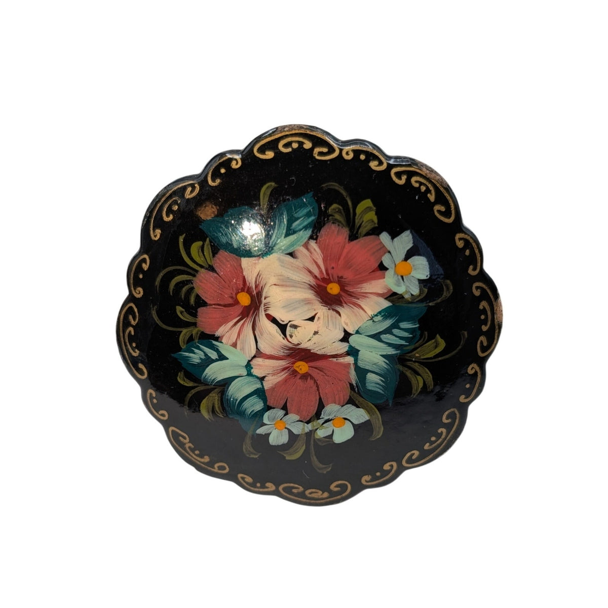 Vintage 1996 Signed Hand Painted Russian USSR Artist Floral Wood Brooch 2"