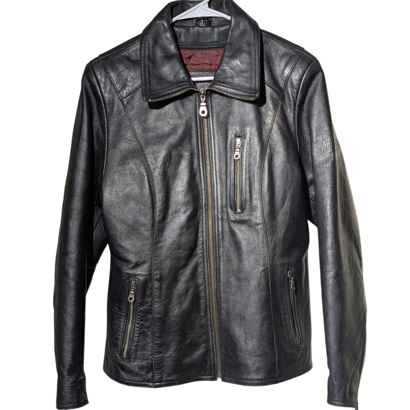FLYING BIKES Oakwood NY Chapter Leather Zip Front Motorcycle Jacket Sz L