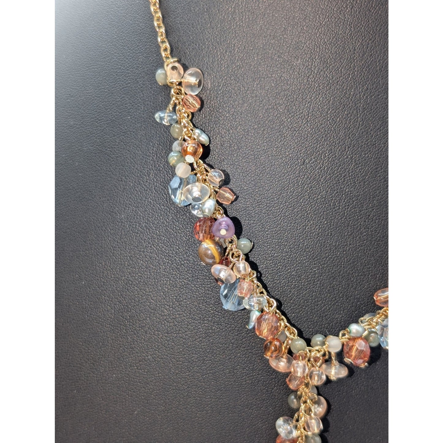 Vintage Avon Tiger's Eye Gold Tone Y Drop Cluster Beaded 16"-19" Necklace