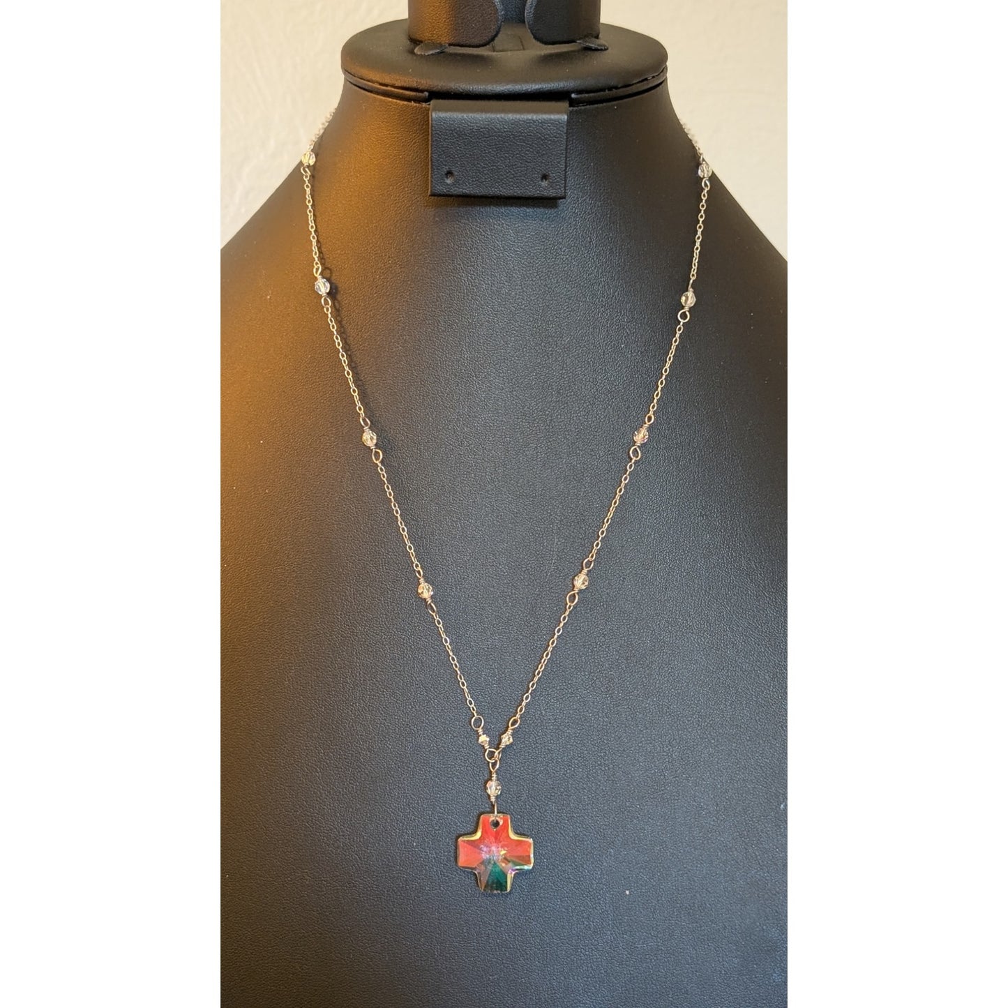 Crystal Prism Cross Pendant on Crystal Beaded 925 Sterling Chain