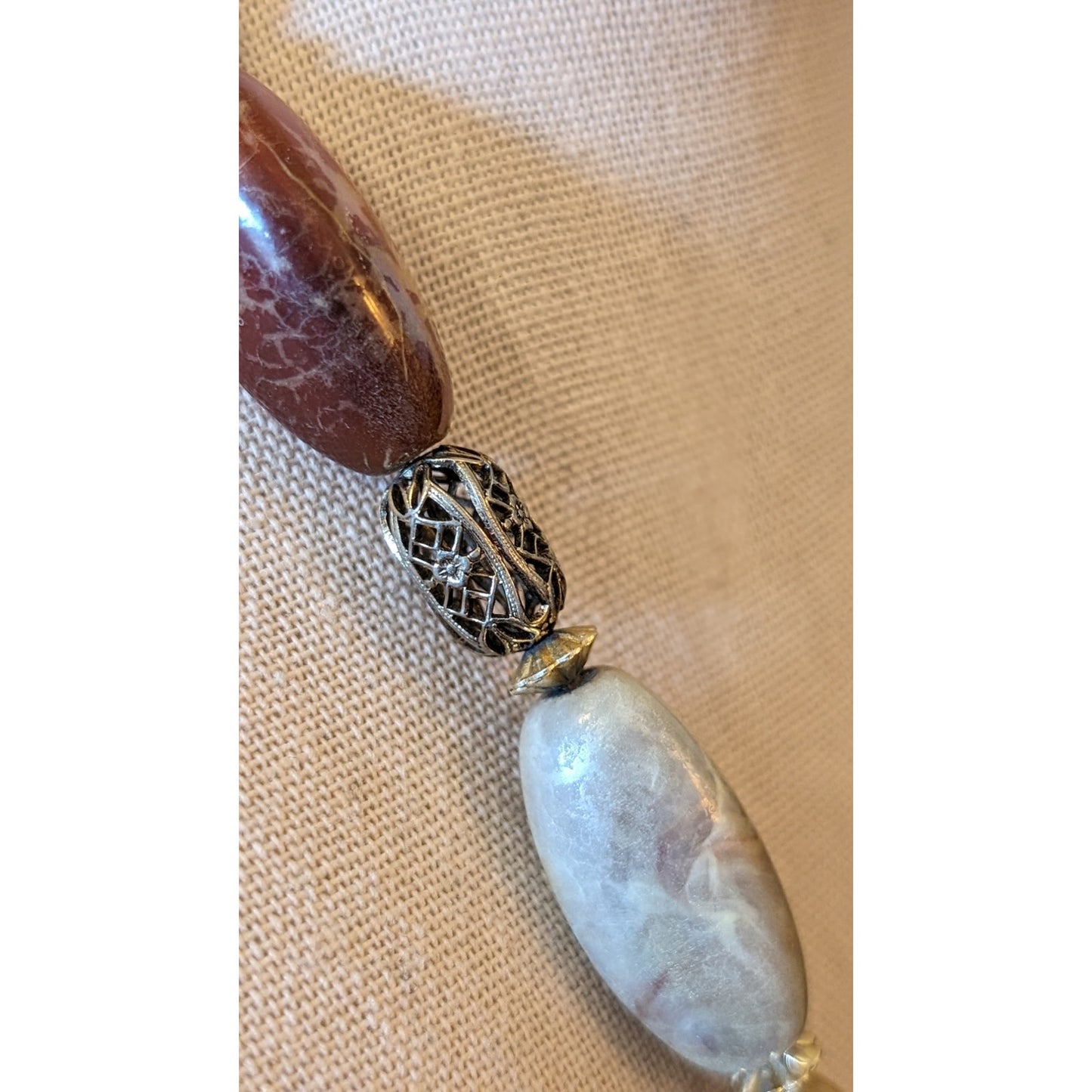 Vintage Earthtone Elongated Acrylic Bead Filigree Spacer Bead 34" Necklace