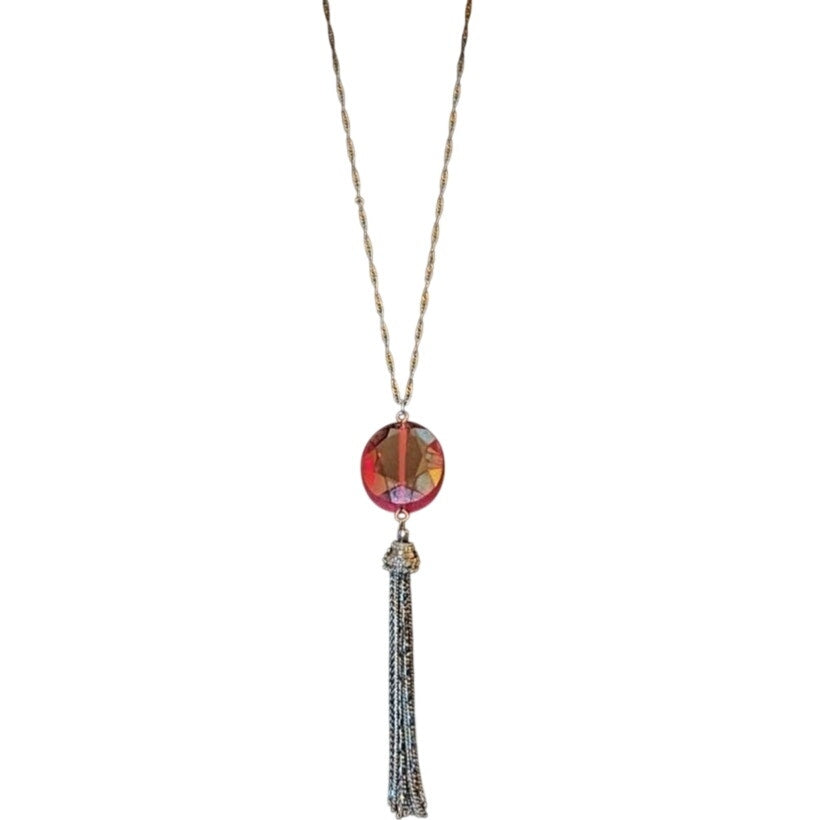 Versona Red Faceted Glass Pendant Tassel Gun Metal 35"-38" Necklace