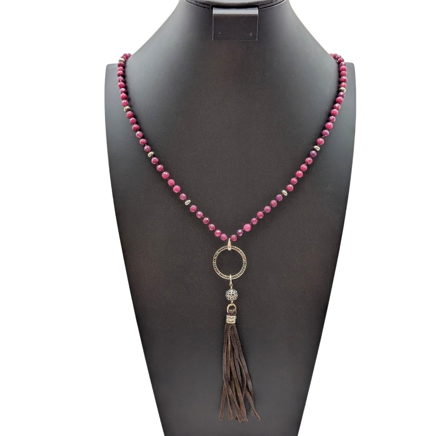 Lucky Brand Boho Wine Crystal Rhinestone Leather Tassel 34"-35.5" Necklace