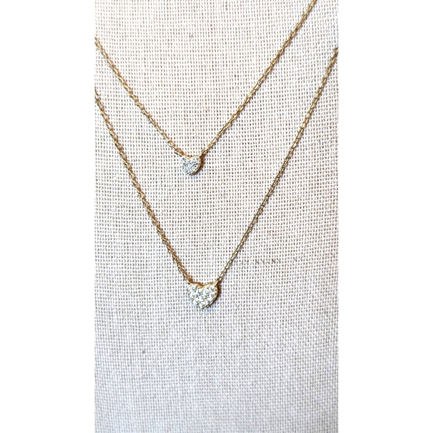 Marked 925 Silver Vermeil Double Pave Heart Necklace