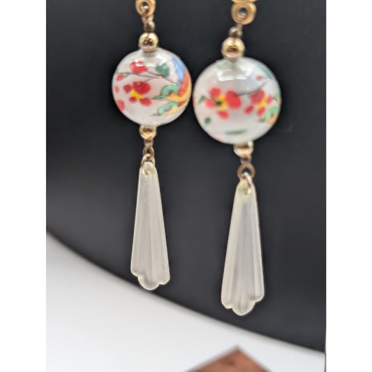 Vintage Japanese Painted Glass Bead White Frosted Dangle Earrings