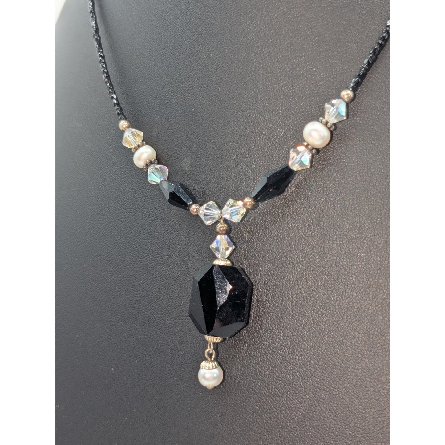 Black Glass Seed Beads & Pendant Bicone Clear & Black Crystal & Pearl Necklace