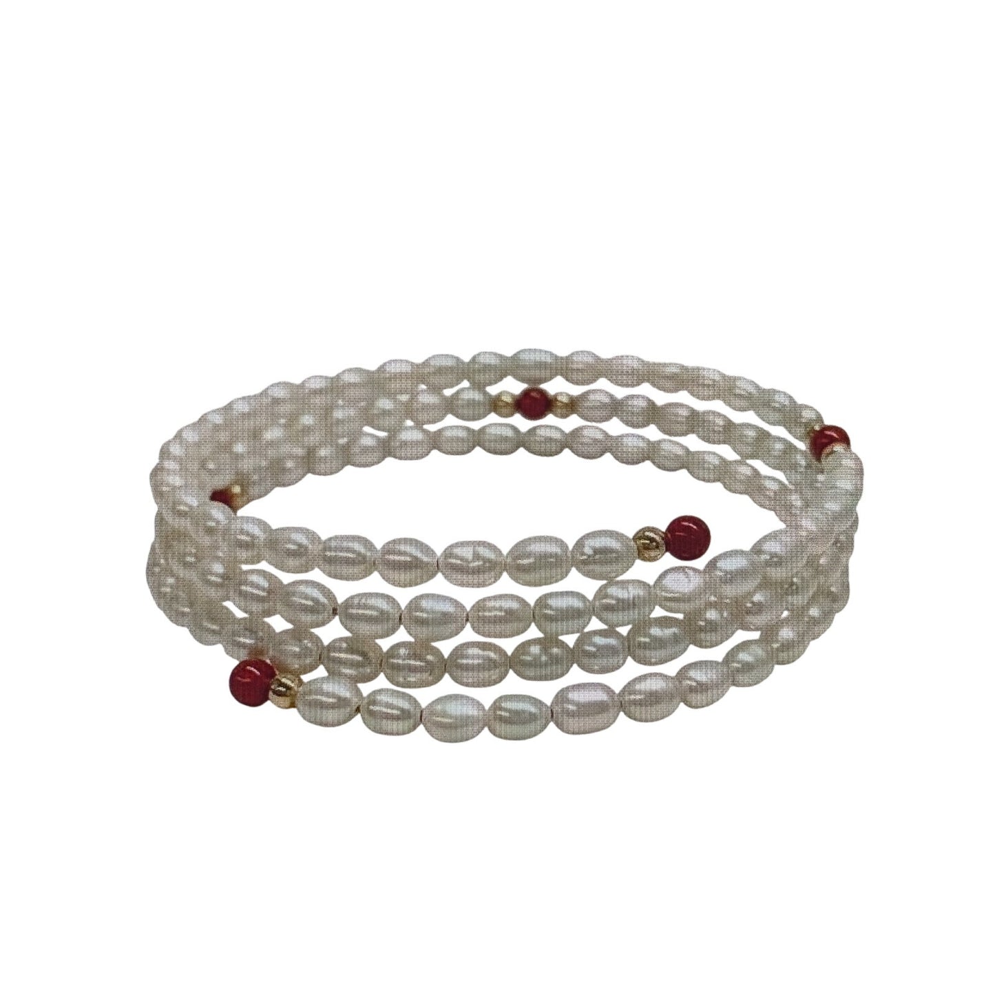 14K Gold Accent Carnelian Bead Cultured Freshwater Pearl Coiled Wire Bracelet