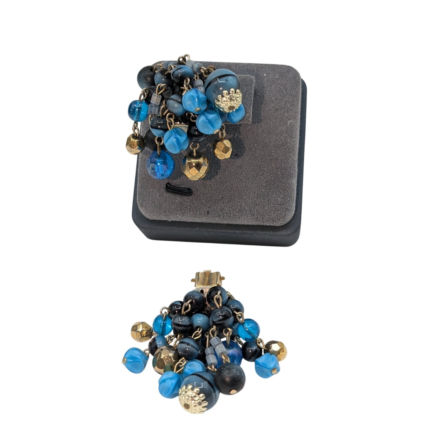 Vintage West Germany Blue Gold Bauble Bead Dangle Clip On Earrings
