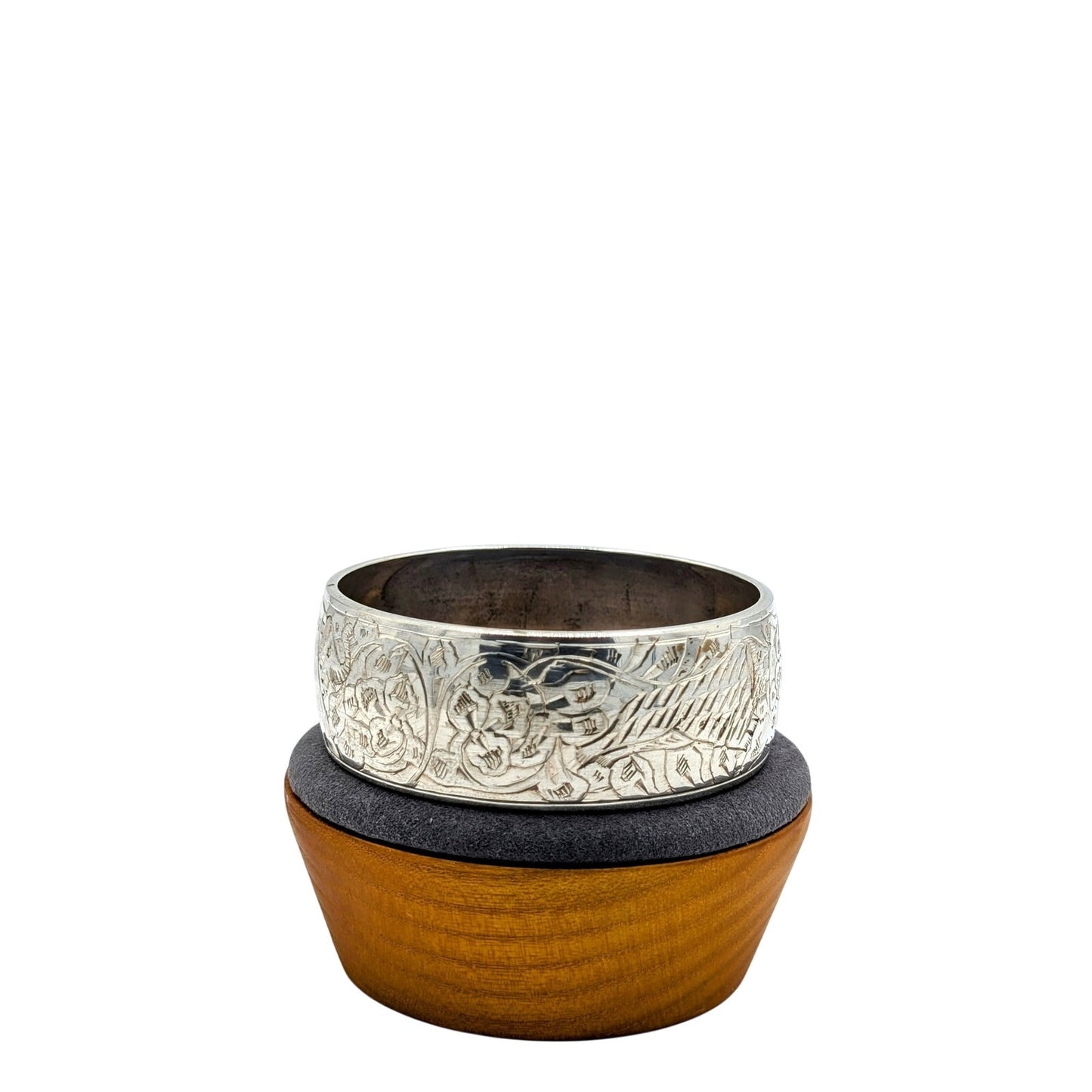 Vintage Silver Tone Engraved Floral Animal  1" Wide Bangle From India