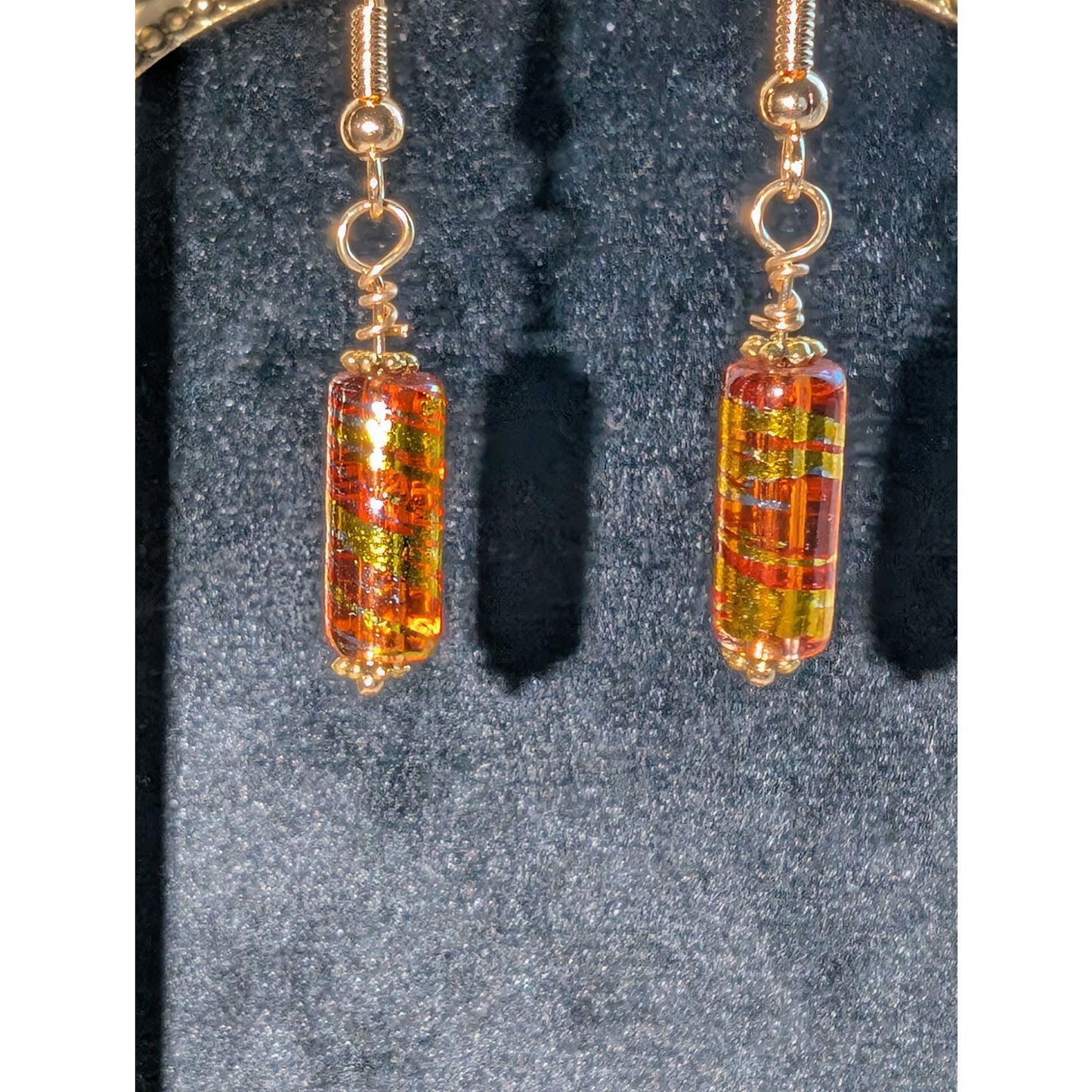 Orange Amber Gold Art Glass Dangle Earrings