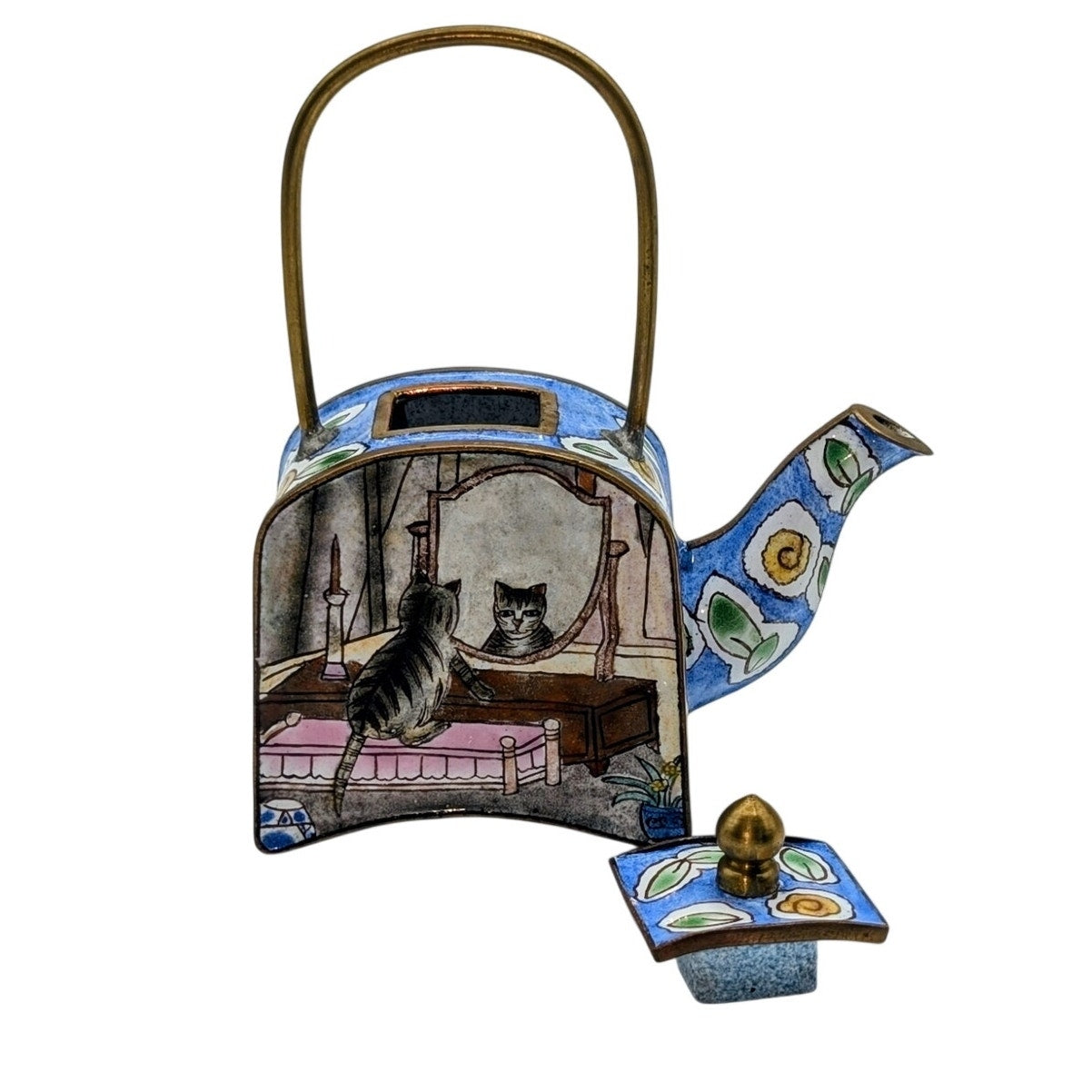 VTG Empress Arts Pretty Kitty Painted Enamel Brass Collectible Mini Teapot
