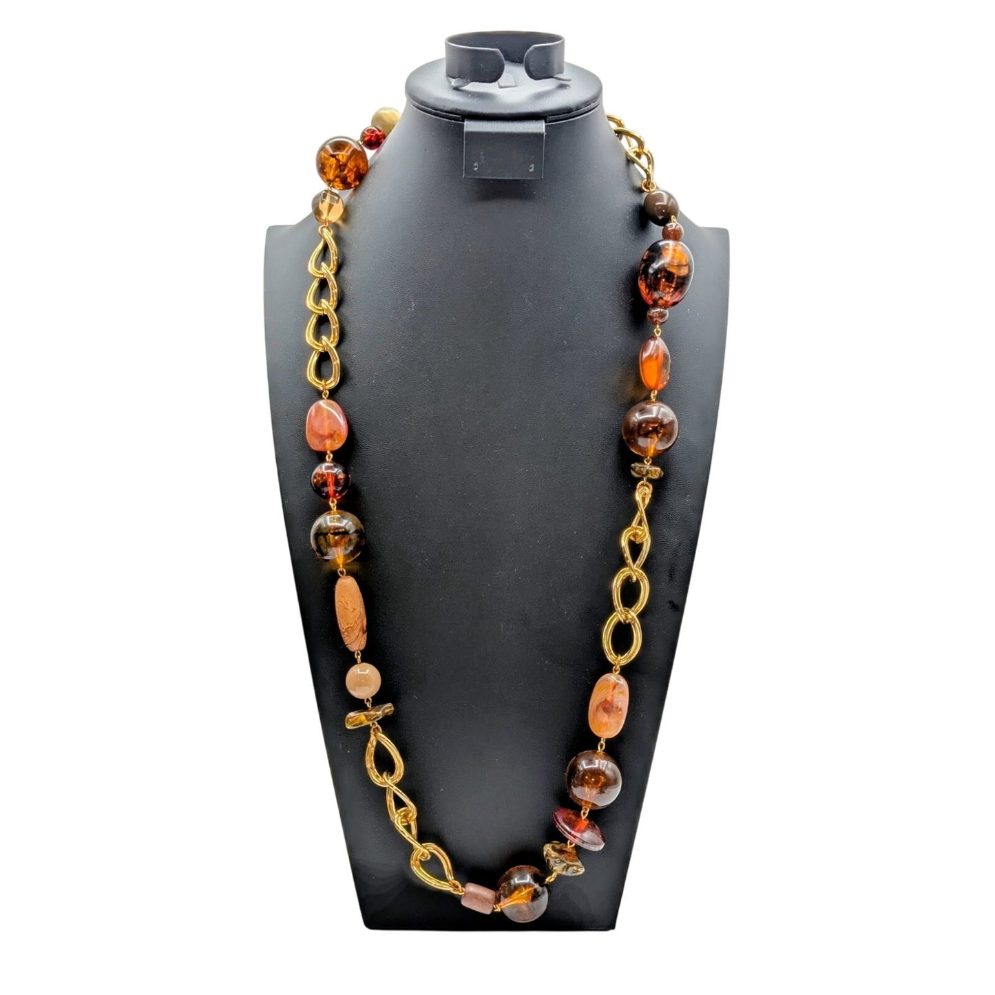 Chunky Gold Tone Chain Link Amber Acrylic Bead 34" Necklace
