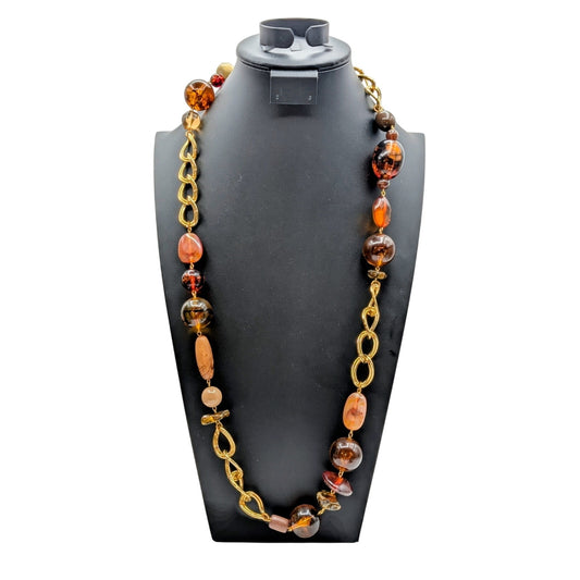 Chunky Gold Tone Chain Link Amber Acrylic Bead 34" Necklace