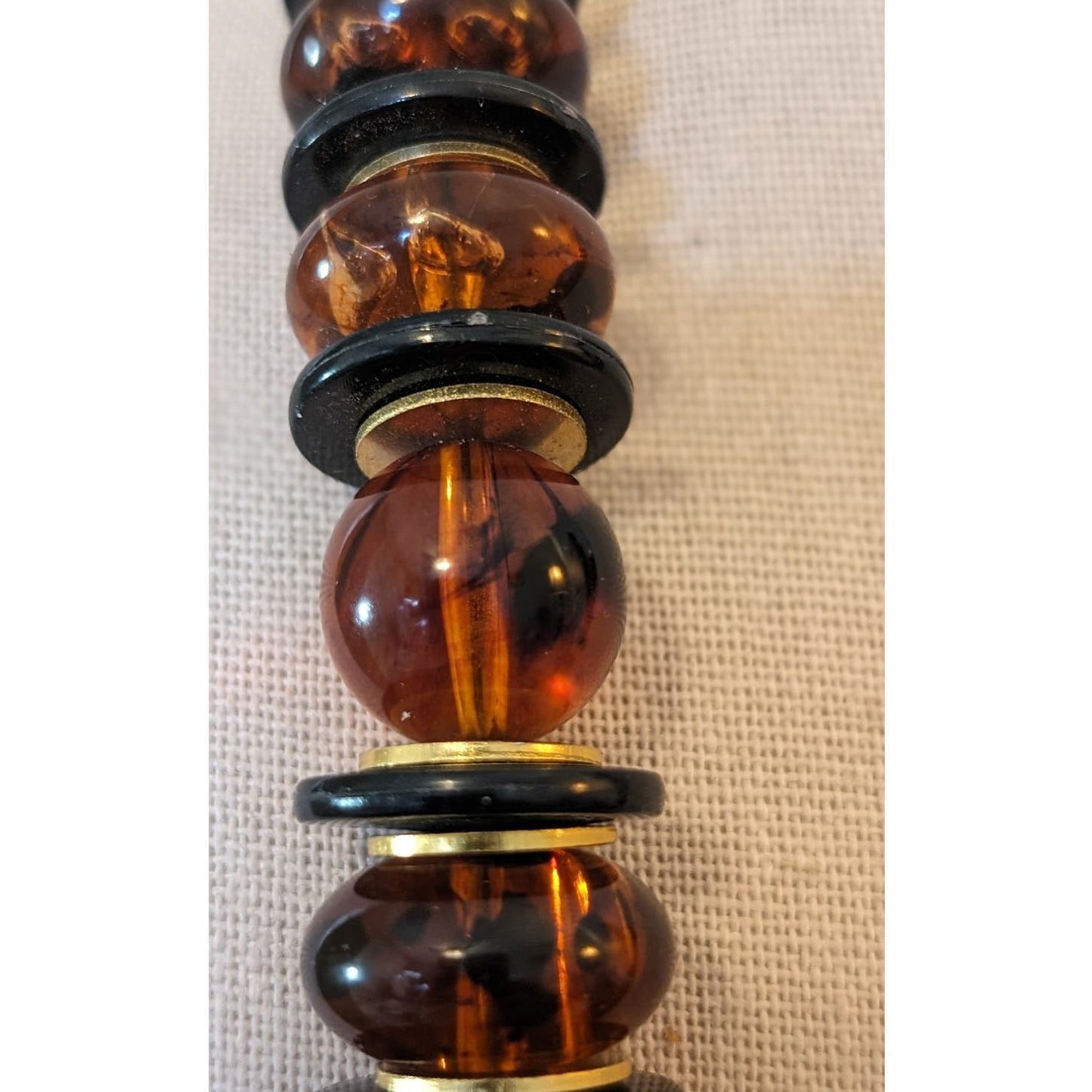Amber Look Gold Tone Bead Long Vintage Necklace W/ Unique Barrel Clasp
