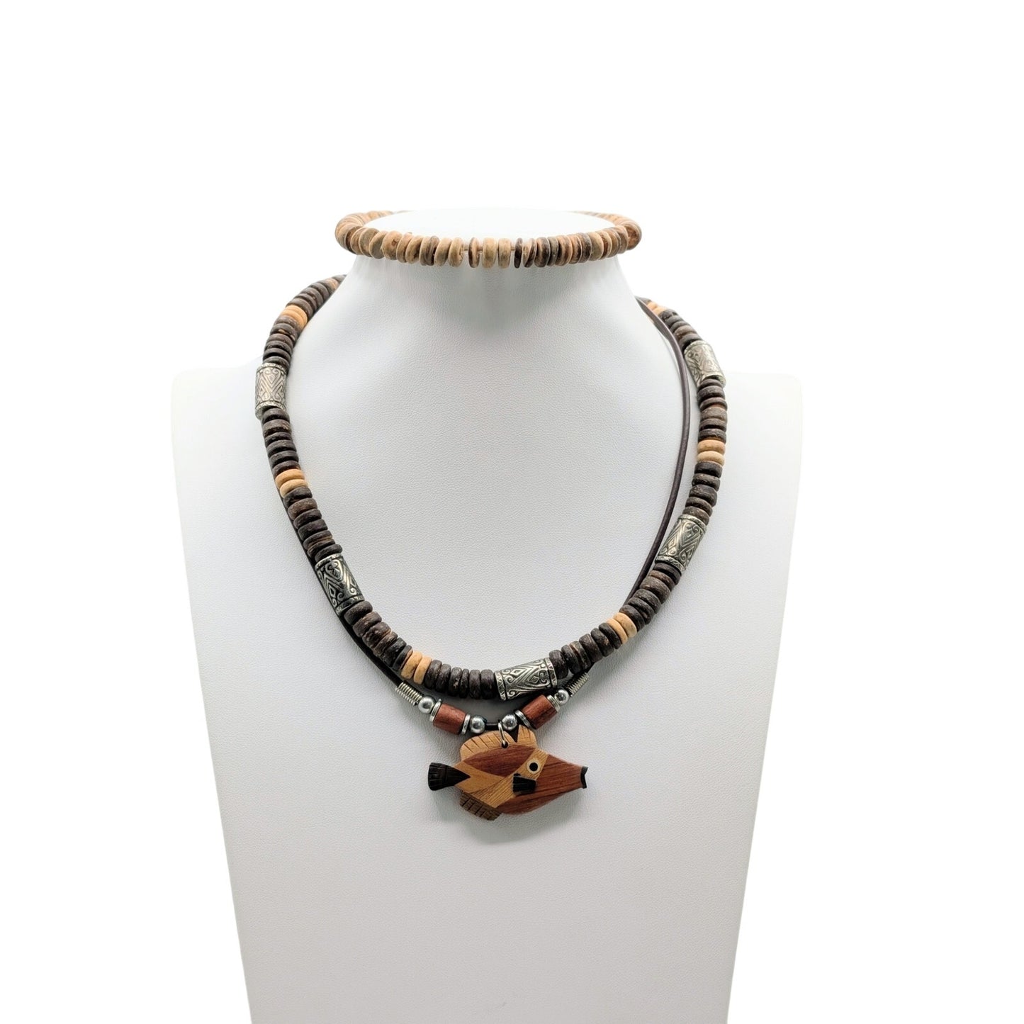 3 Piece Coconut Shell Bead & Inlay Fish Pendant Necklace & Bracelet Lot