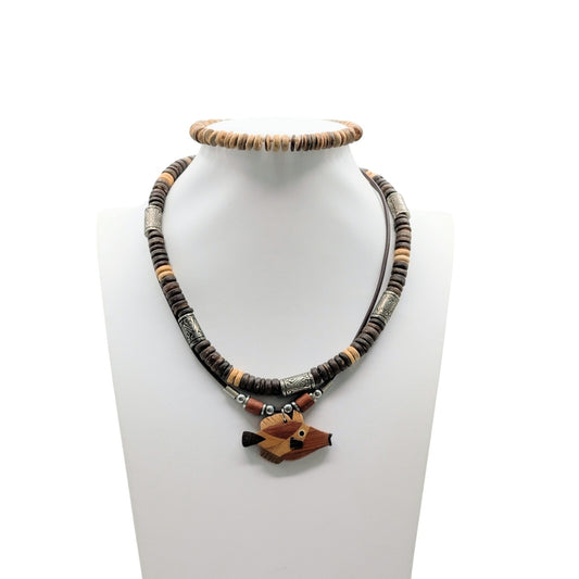 3 Piece Coconut Shell Bead & Inlay Fish Pendant Necklace & Bracelet Lot