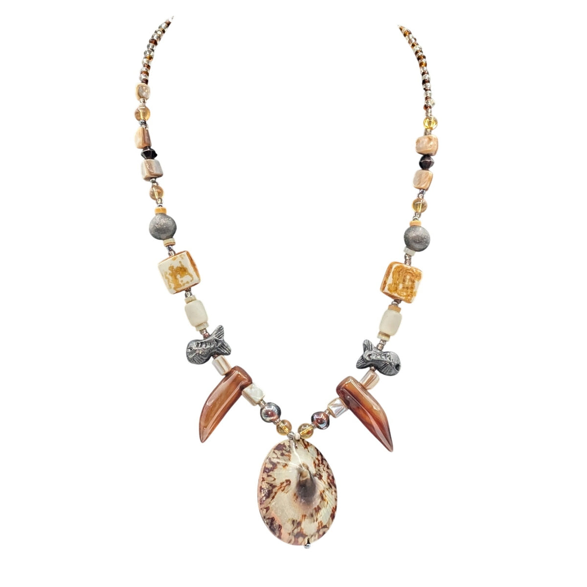 Shell Pendant Beachy Tribal Boho Glass Bead Fishy Toggle Clasp 21" Necklace