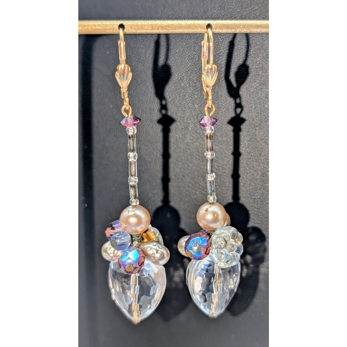 Crystal Faceted Heart Pearl Crystal Flower Beaded Gold Tone Lever Back Earrings