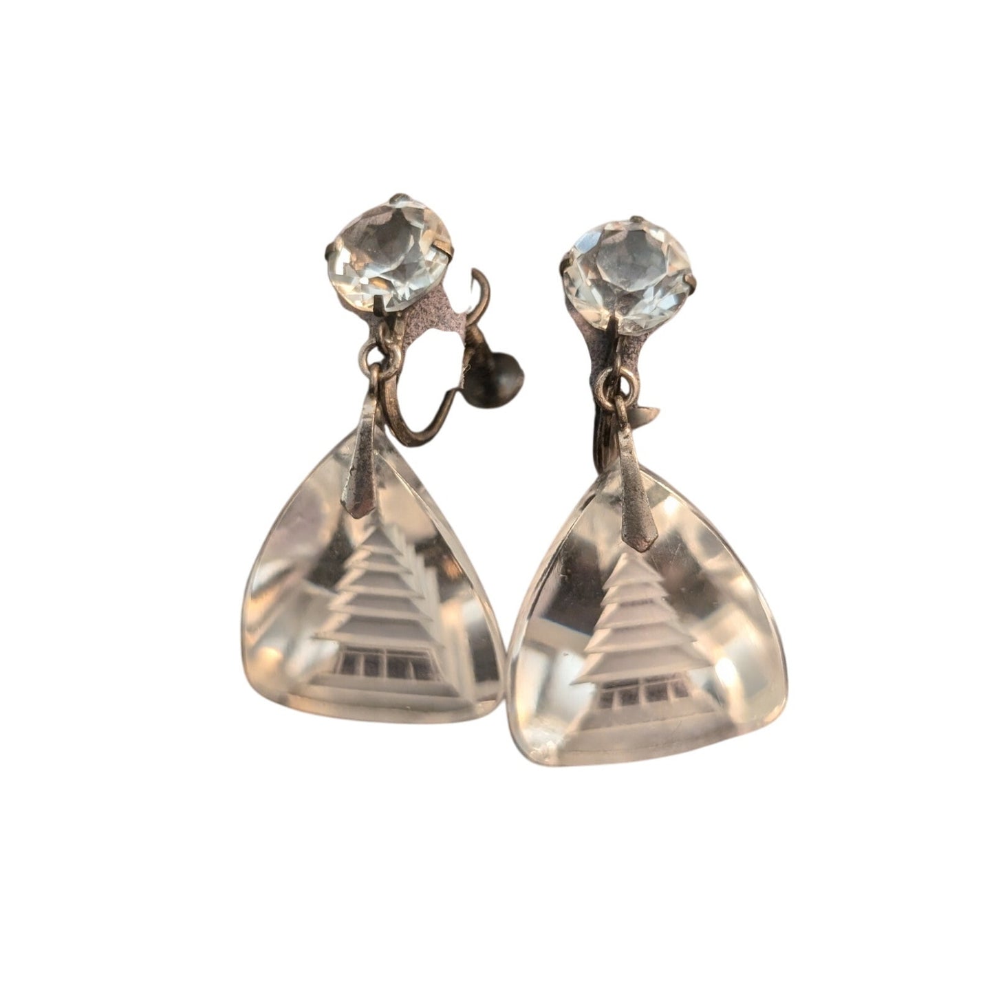 1930s Japanese Sterling Reverse Carved Rock Crystal Quartz Pagoda Earrings