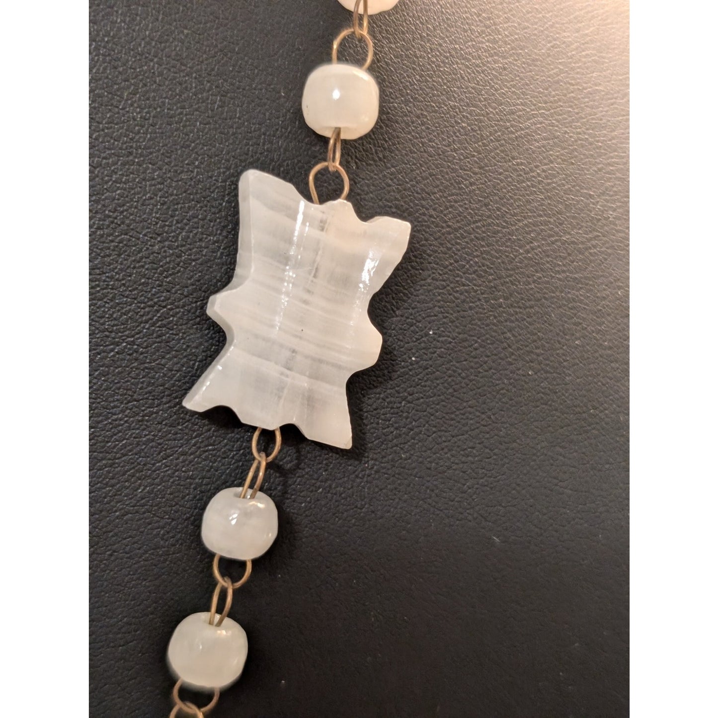 Carved White Quartz Mother of Pearl Gold Tone Bezel Medallion Beaded Necklace