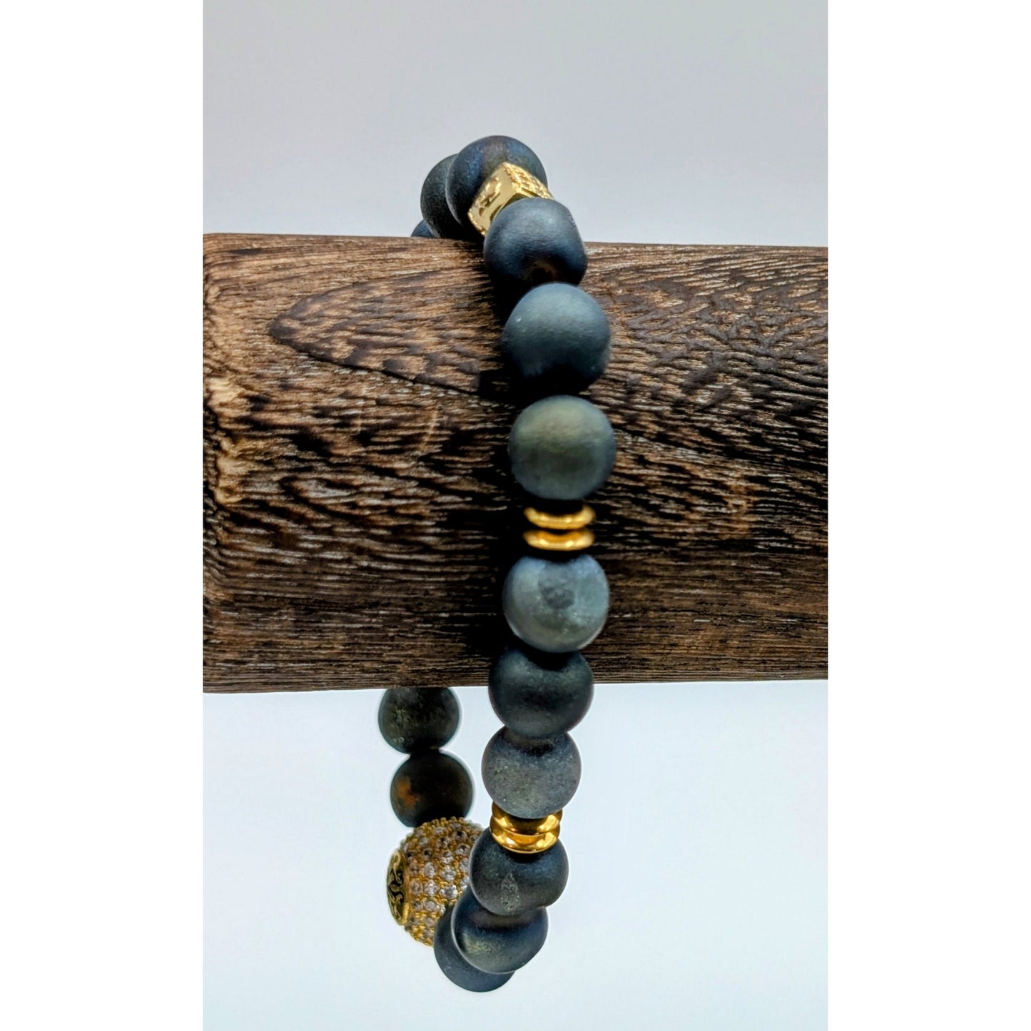 Gray Stone Gold Tone Pave Ball Stretch Bead Bracelet