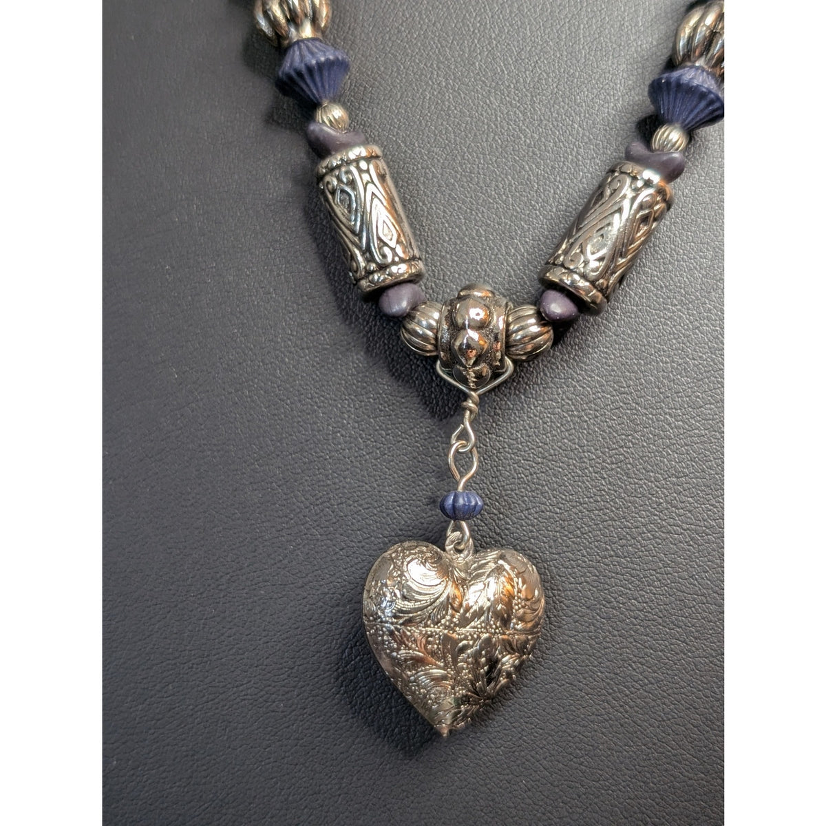 Etched Silver Tone Puffed Heart Dangle Pendant Blue Bead Bugle Bead 24" Necklace