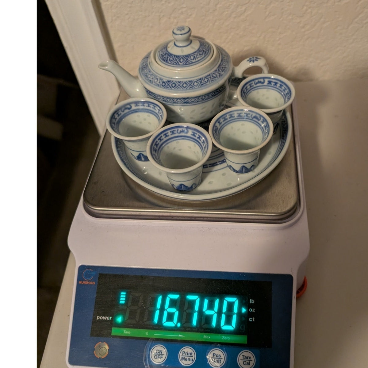 Chinese Rice Ware Vintage 7 Pc Porcelain Tea Set Platter Teapot & Four Cups