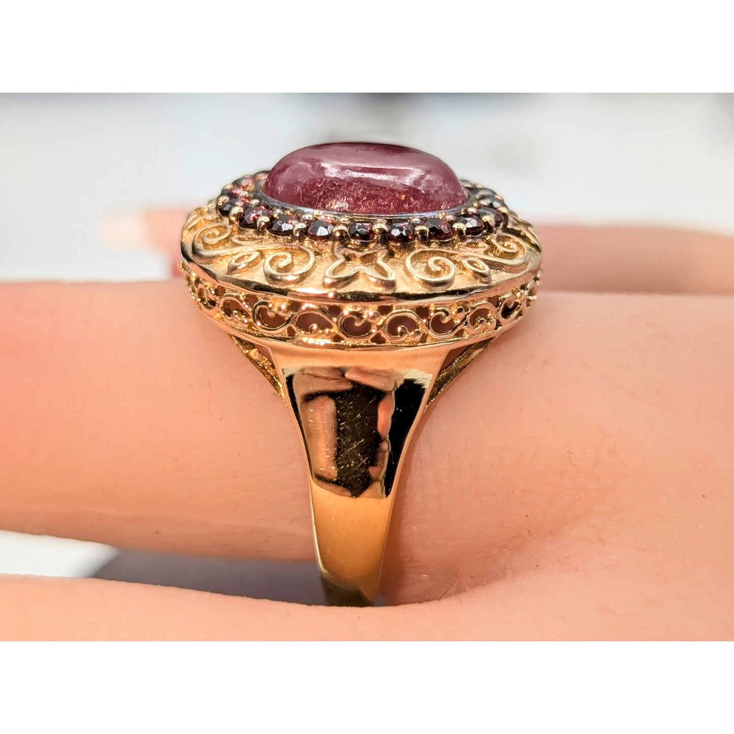 All Stones Test as Ruby 925 Sterling Vermeil Scroll Statement Ring Size 9