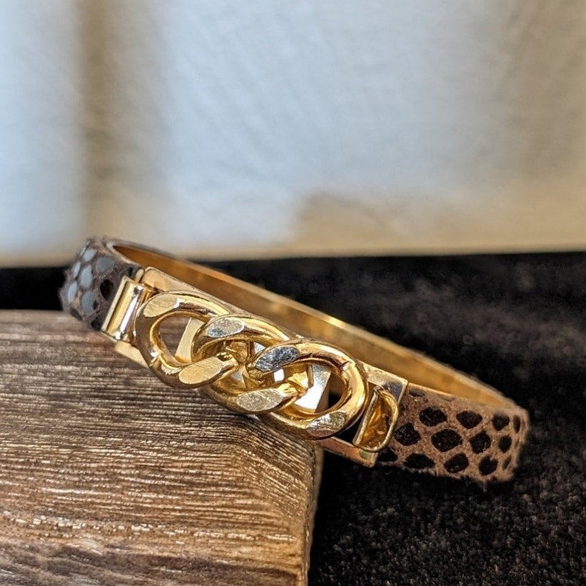 Brown Leather Gold Tone Chain Bangle Bracelet