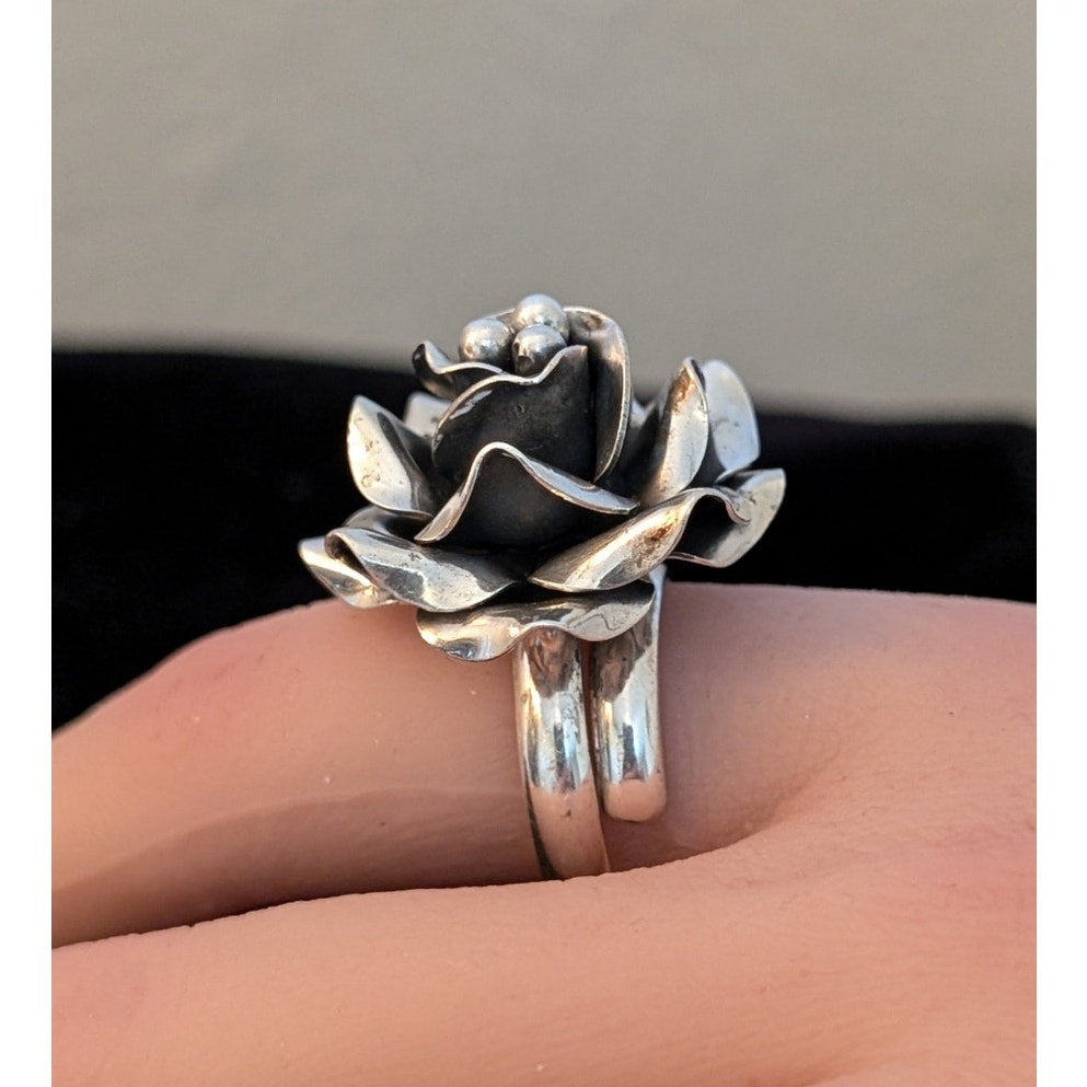 Vintage Mexico 925 Handmade Sterling Silver Large 3D Flower Adjustable Ring 12g