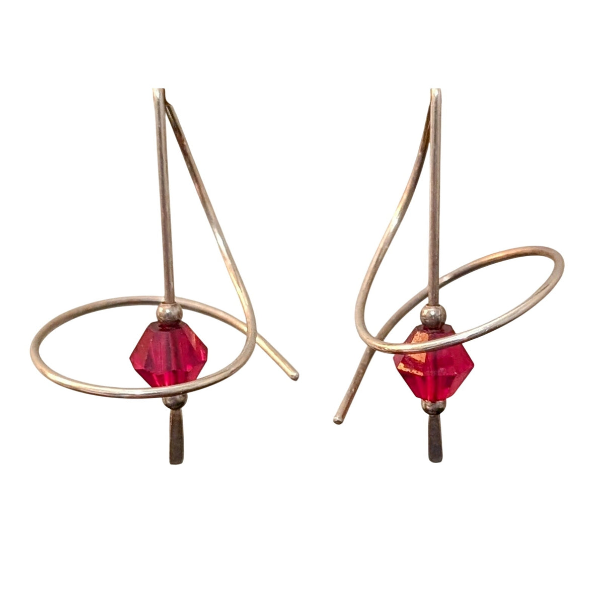 Vintage Signed ME 925 Sterling Red Crystal Bead Ear Spiral Ear Wire Earrings