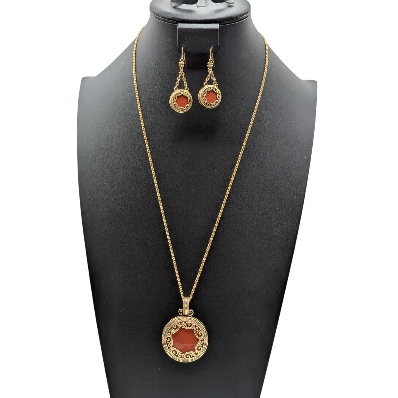 Vtg Premier Design Gold Tone Double Sided Filigree Necklace & Dangle Earring Set