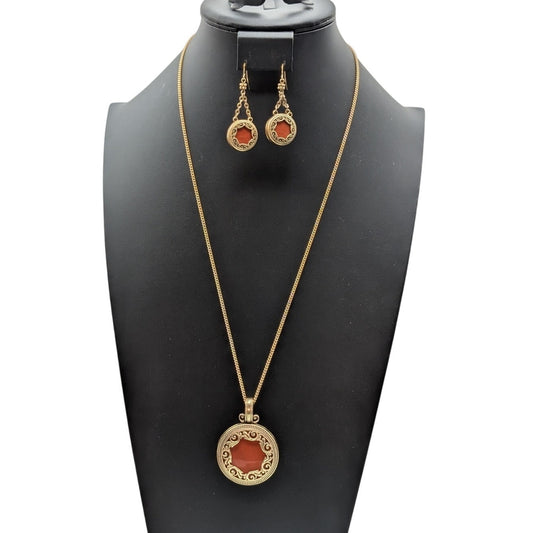 Vtg Premier Design Gold Tone Double Sided Filigree Necklace & Dangle Earring Set