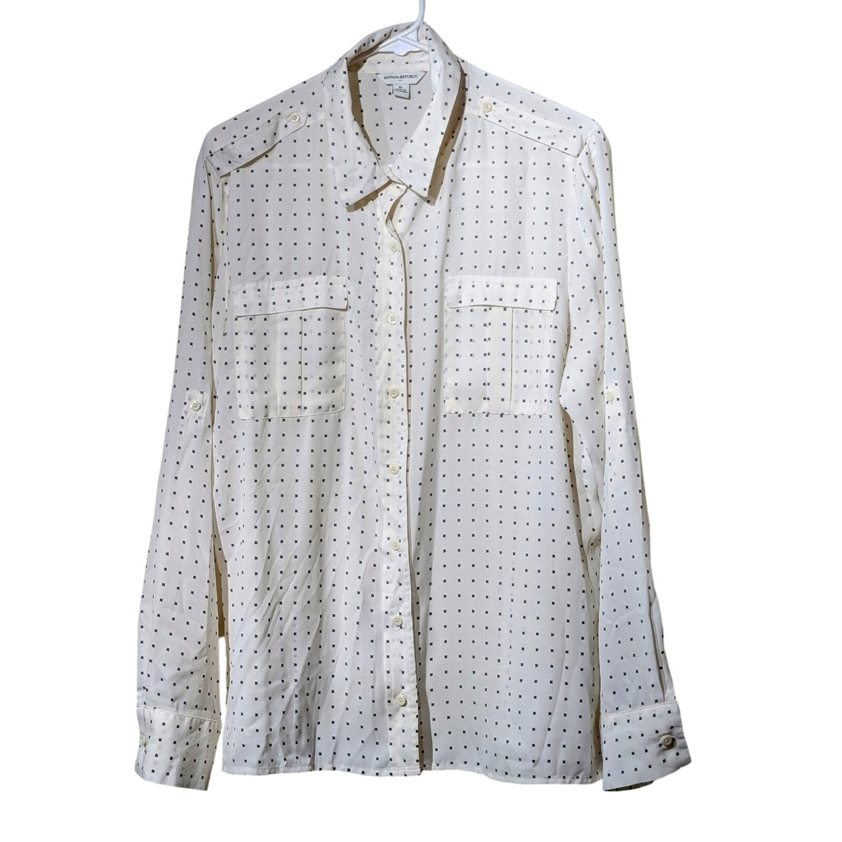 Banana Republic Cream Dot 2 Chest Pocket Epaulet Button Up Blouse Womens Sz XL