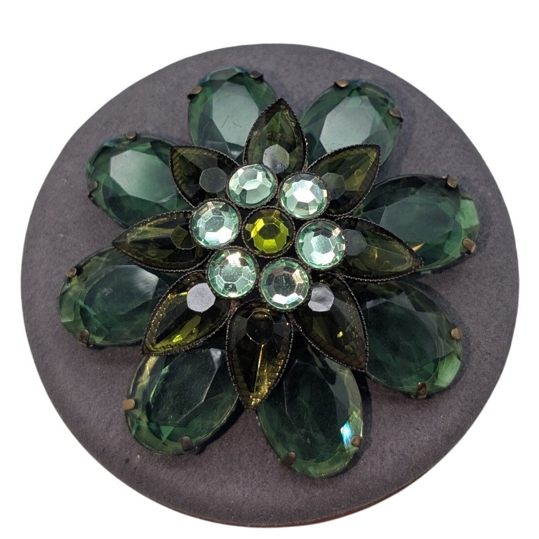 Vintage Green Flower Rhinestone Domed Bronze Metal Brooch