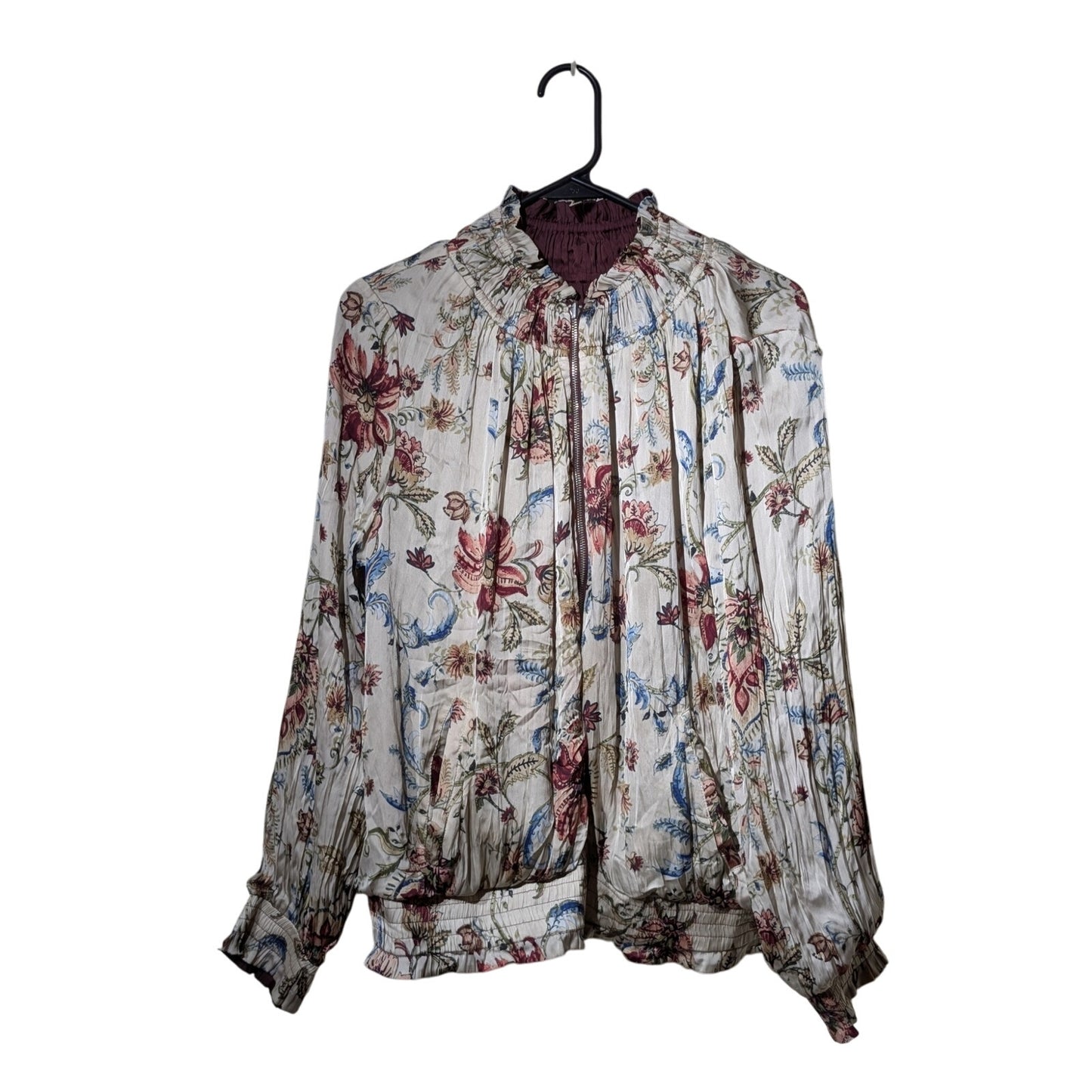 Chico's Reversible Bomber Chic Burgundy & Floral Ruched Ruffled Zip Jacket Sz 3