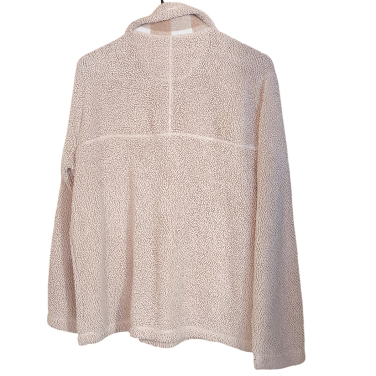 Natural Reflections Oatmeal Sherpa Plaid Trim Quarter Zip Pullover Women Sz S/P