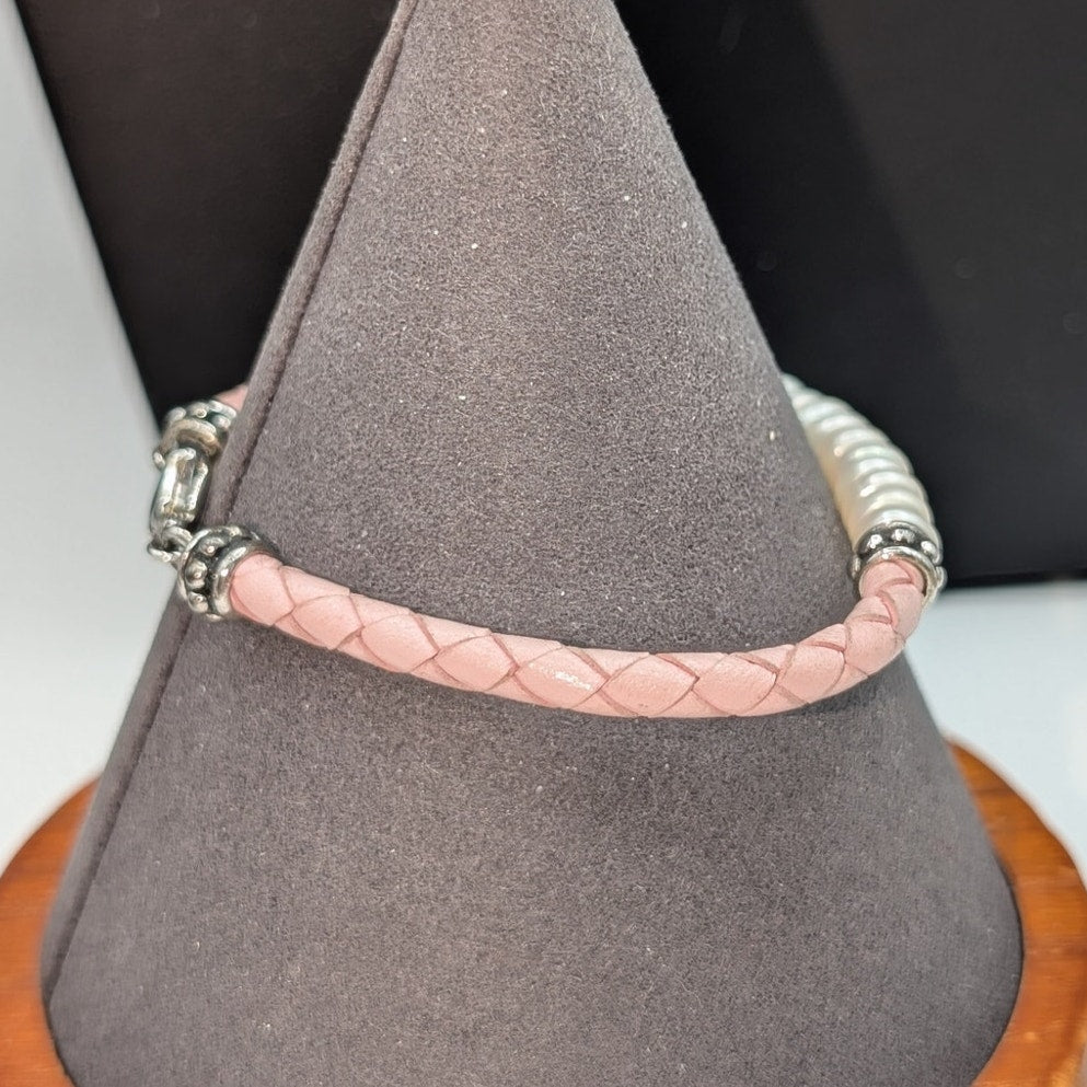 Honora Pearl Pink Braided Leather 925 Sterling Silver Bracelet