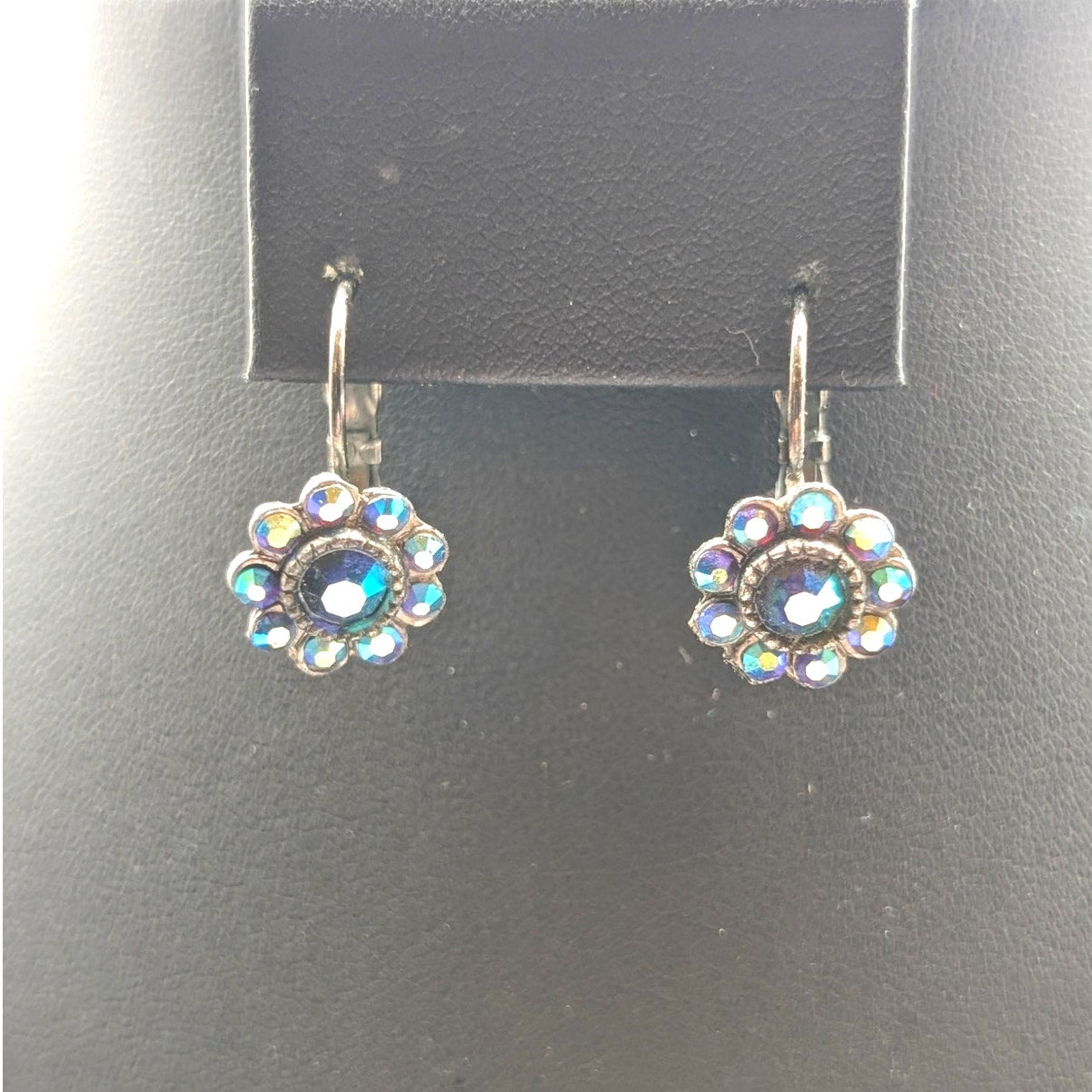Dark Blue AB Crystal Gun Metal 11"-15.5" Necklace and Lever Back Earring Set