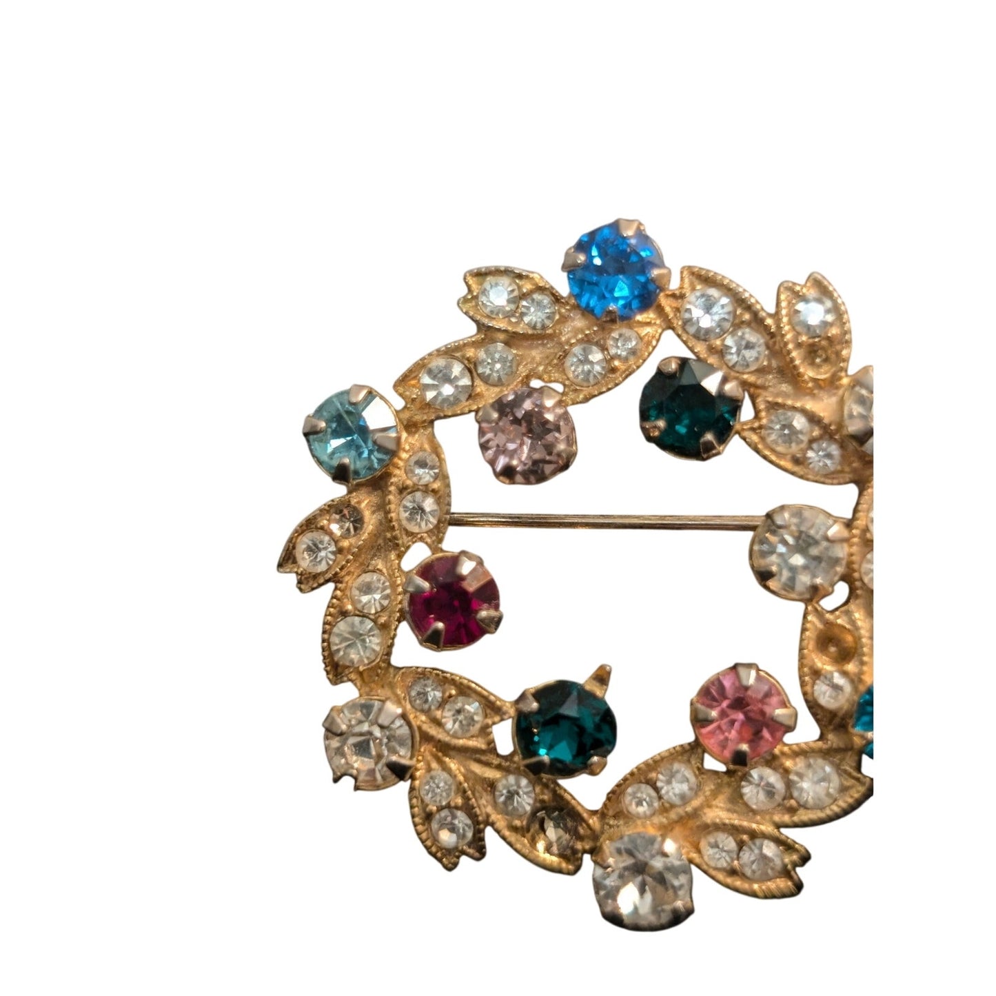 Eisenberg VTG Signed Multi Colored Rhinestone Wreath Brooch Pin Gold Tone