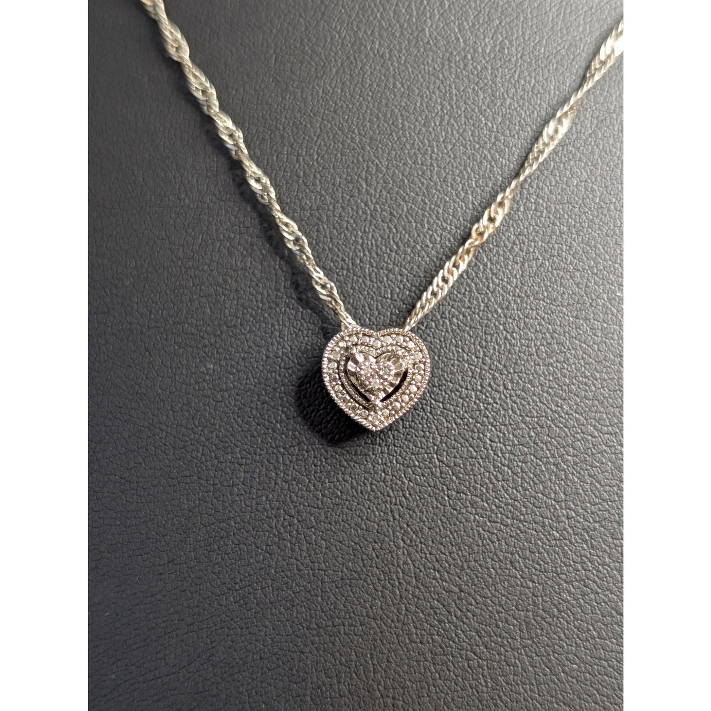 VTG 925 Sterling Silver Diamond Heart Pendant Fancy Sterling 18" Chain Necklace