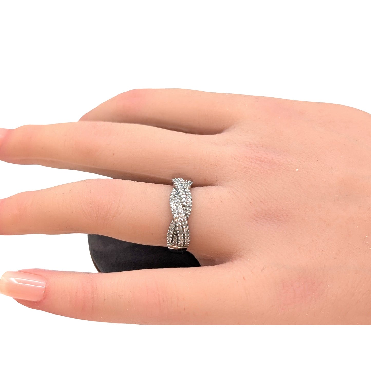 925 Sterling Silver Diamond Cross Over Band Ring Size 6.75