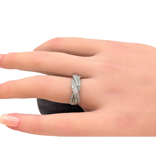925 Sterling Silver Diamond Cross Over Band Ring Size 6.75