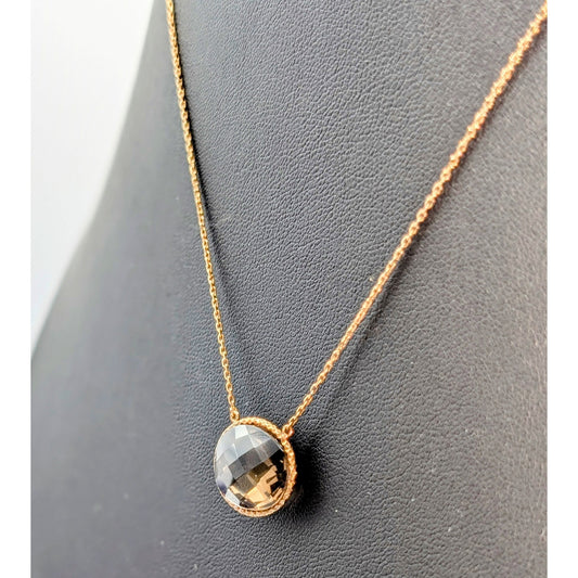 925 Sterling Gold Vermeil Faceted Bezel Set Smoky Quartz Pendant Chain Necklace