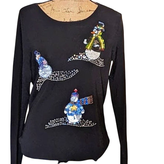 Tribeca Embellished Snowman Scoop Neck Long Sleeve Black Sweater Women's Size L