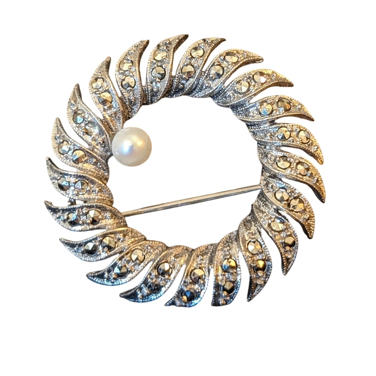 Antique 835 Silver Marcasite One Faux Pearl Wreath Brooch/Pin
