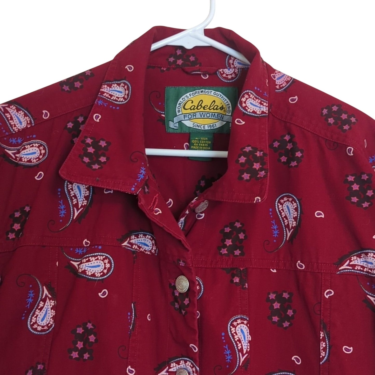 Cabela's for Women Ruby Red Floral Paisley Silver Button Jean Jacket Women's L