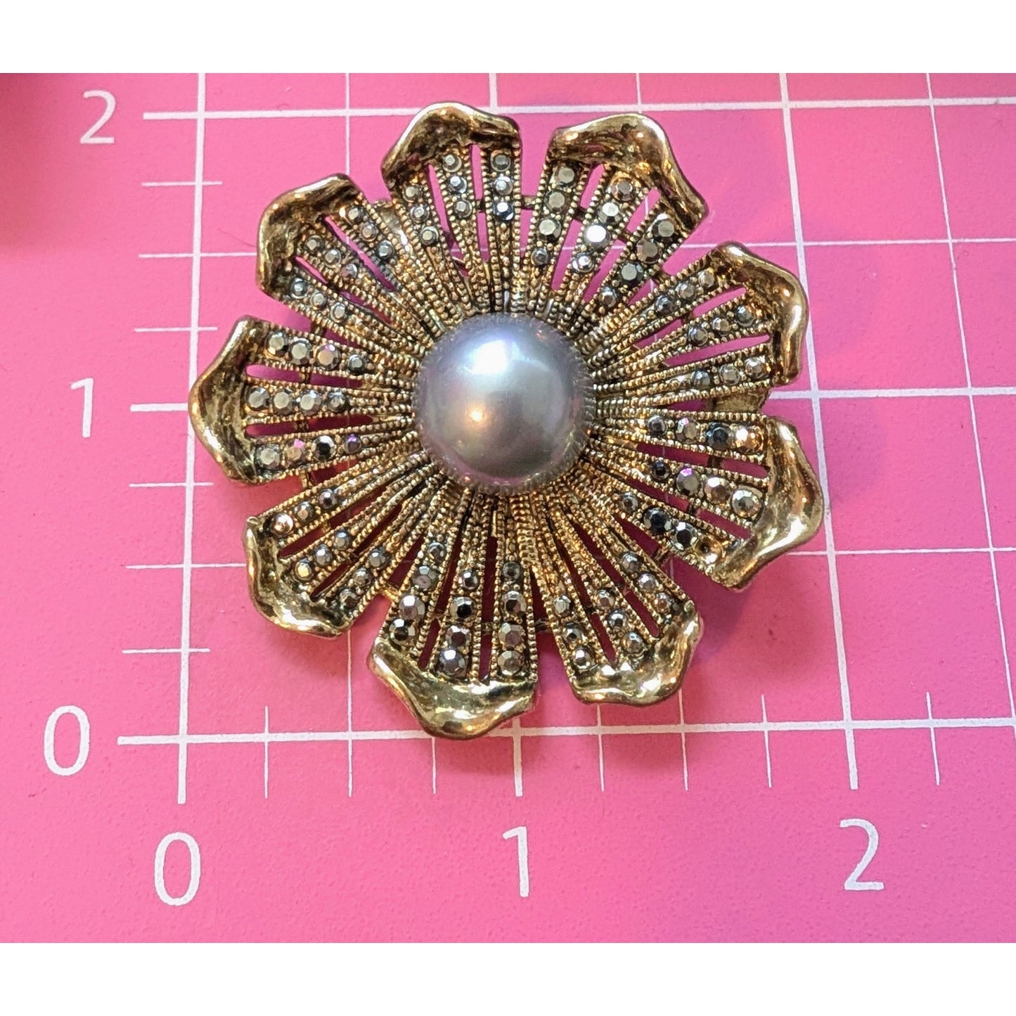 Lot of Two Antiqued Metal Faux Pearl Rhinestone Brooches